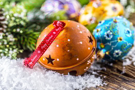 Christmas Time. Rusty Jingle bell ribbon happy christmas text and luxury christmas balls with decoration photo