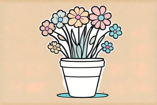 Illustration of a flowerpot with pink and blue flowers on a gray background. ai generative photo