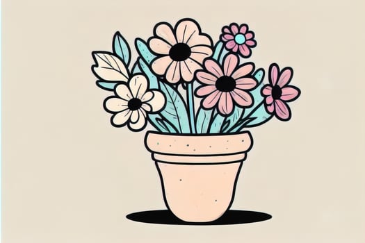 Illustration of a flowerpot with pink and blue flowers on a gray background. ai generative photo