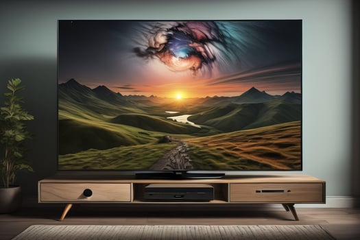 TV on the wooden cabinet in modern living room. ai generative photo