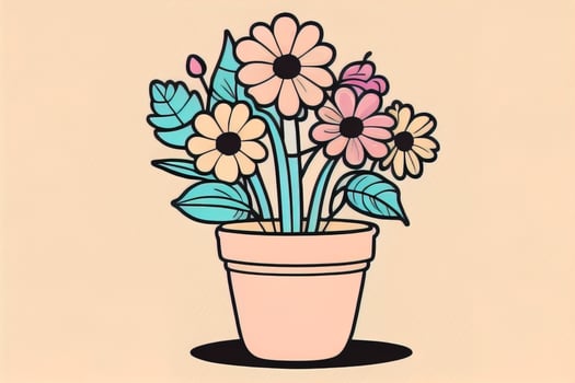 Illustration of a flowerpot with pink and blue flowers on a gray background. ai generative photo