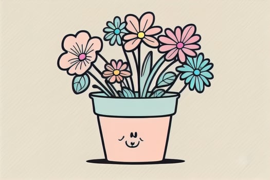 Illustration of a flowerpot with pink and blue flowers on a gray background. ai generative photo