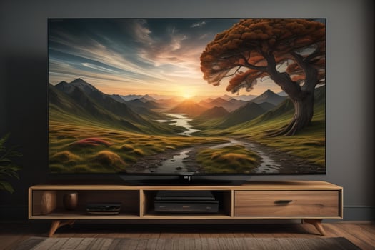 TV on the wooden cabinet in modern living room. ai generative photo