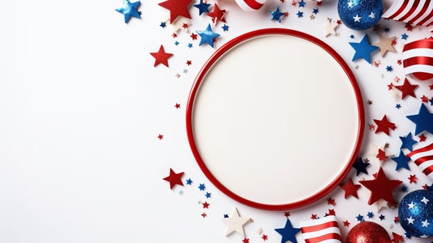 4th of July background, USA Presidents Day, Independence Day, Memorial day, US election concept. Red white and blue paper fans with stars confetti. Flat lay, top view, banner Generative AI photo