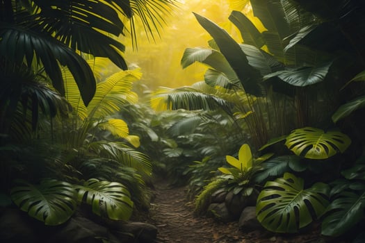 A pathway in tropical rainforest with palm trees and path in the mist. ai generative photo