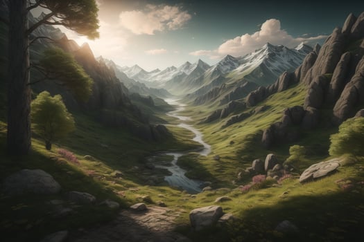 Beautiful fantasy landscape with a river in the mountains. ai generative photo