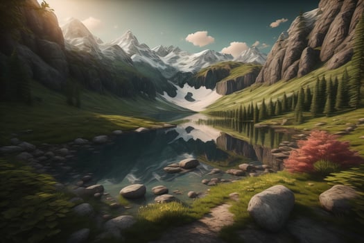 Beautiful fantasy landscape with a river in the mountains. ai generative photo