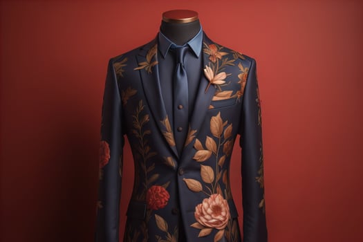 Stylish suits on mannequins on solid color background, closeup. ai generative photo