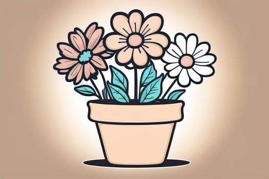 Illustration of a flowerpot with pink and blue flowers on a gray background. ai generative photo