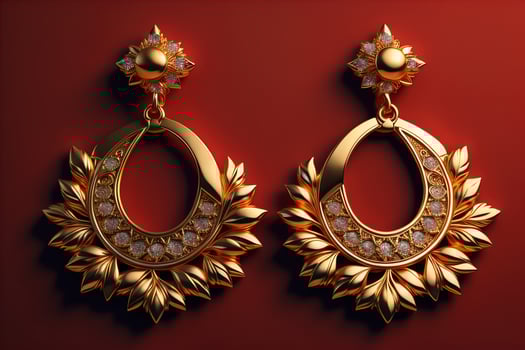 Earrings made of gold on a solid color background close up. ai generative photo
