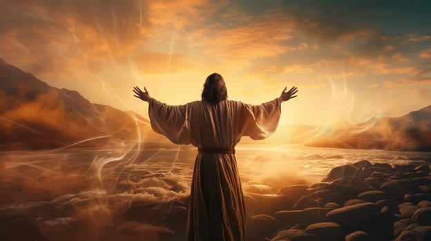 jesus in a grass and sunset sky background Generative AI photo