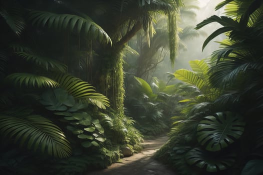 A pathway in tropical rainforest with palm trees and path in the mist. ai generative photo