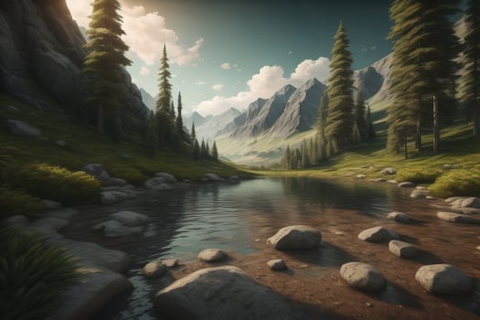 Beautiful fantasy landscape with a river in the mountains. ai generative photo