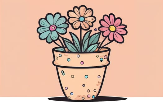 Illustration of a flowerpot with pink and blue flowers on a gray background. ai generative photo