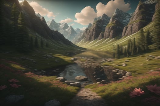Beautiful fantasy landscape with a river in the mountains. ai generative photo