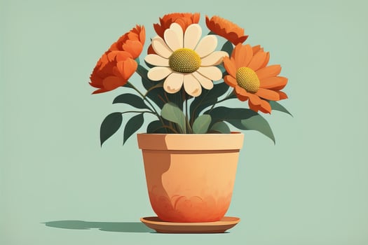 Flowerpot with daisies. Vector illustration in retro style. ai generative photo