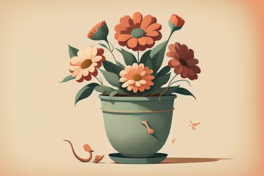 Flowerpot with daisies. Vector illustration in retro style. ai generative photo