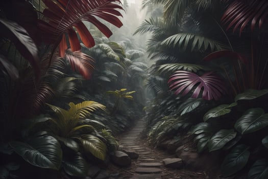 A pathway in tropical rainforest with palm trees and path in the mist. ai generative photo