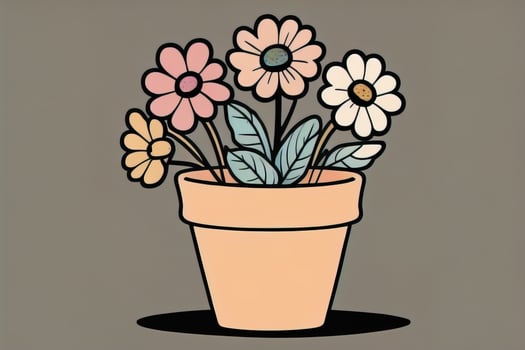 Illustration of a flowerpot with pink and blue flowers on a gray background. ai generative photo
