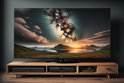 TV on the wooden cabinet in modern living room. ai generative photo