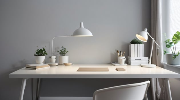 minimal home office desk setup with grey neutral colors photo