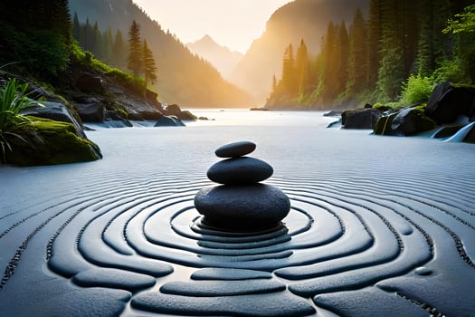A equable Zen garden with carefully placed Rock , spur determine , and a passive spokesperson urine have. Creative resource, photo