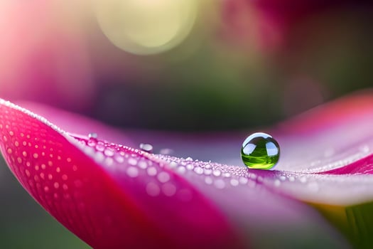 A closeup photograph of a finespun dewdrop resting on a vibrant bloom petal. Creative resource, photo