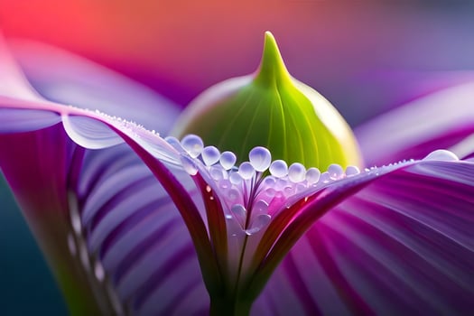 A closeup photograph of a finespun dewdrop resting on a vibrant bloom petal. Creative resource, photo