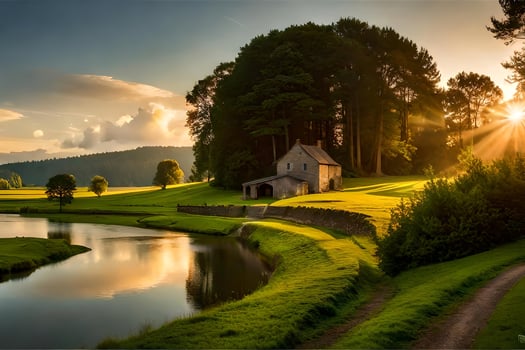 A picturesque countryside landscape with a scent river , alcoholic Green hayfield , and a give up farmhouse. Creative resource, photo
