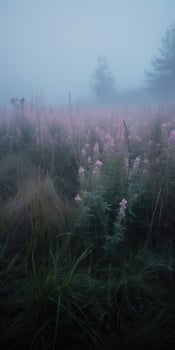 Gloomy Meadow, A dark and foreboding meadow landscape with a thick and colorful fog AI Generated photo