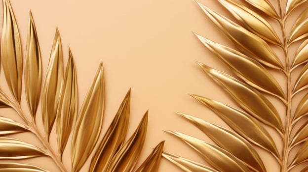 Gold colored tropical palm leaves on beige background AI Generated photo