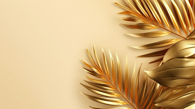Gold colored tropical palm leaves on beige background AI Generated photo