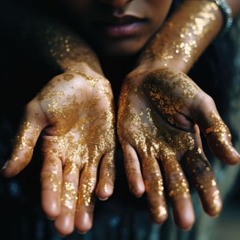 Hands dipped in gold glitter, drenched in gold gitter, AI Generated photo