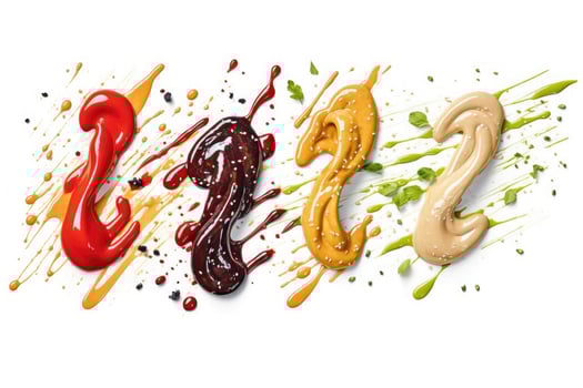 Selection of sauces with different colors on a white, Generative AI photo