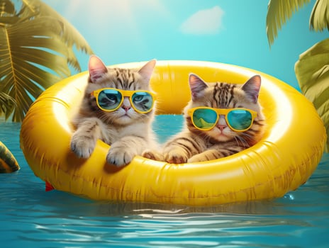 Cute and funny cats in trendy yellow sunglasses sleep in a rubber ring on isolated a pastel background with a copy space.animal summer holiday concept.Created with Generative AI technology photo