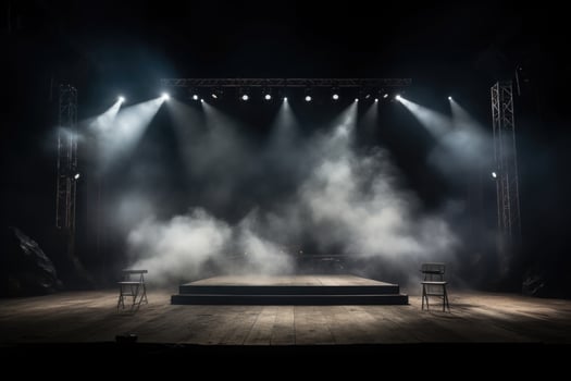 Empty musical scene with smoke and spotlights. Generative AI photo