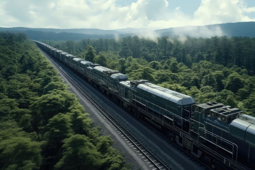 Suburban train travels through beautiful countryside. Generative AI photo