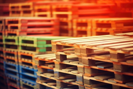Wooden pallets stacked in a warehouse on blurred background. Generative AI photo