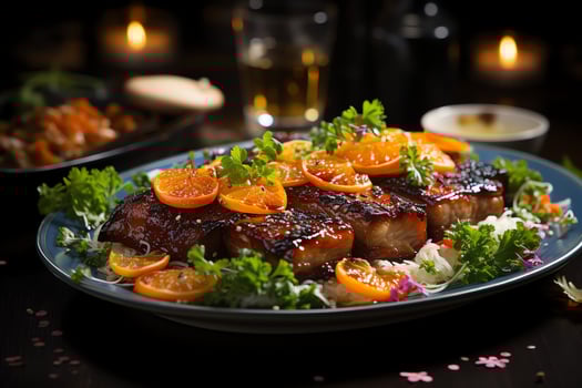 A delicious crispy pork belly fancy on plate. Restaurant food and asian cuisine concept by AI Generated photo