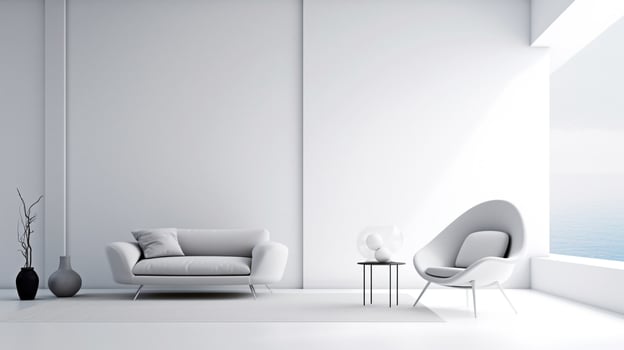 a modern minimalist interior empty white color wall background, with a sleek and stylish armchair , AI generated photo