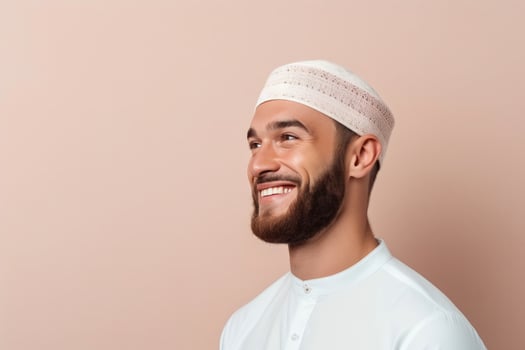 Young Muslim man wearing kufi looking away isolated on pink background. AI Generated photo