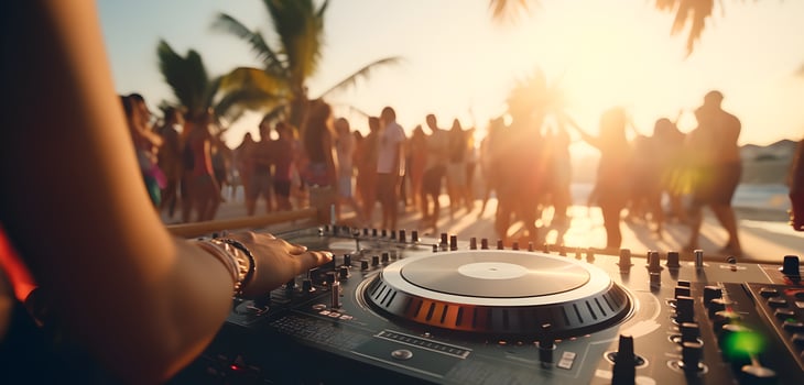 Dj mixing music outdoor at beach party festival, Summer nightlife view of disco club at sunset. Fun, millennials generation, youth lifestyle, Live event music concept. Generative Ai. photo