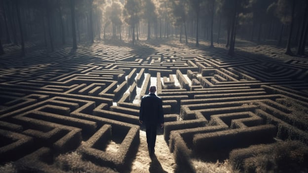 A man stands in a maze and thinks, view from the back. The concept of difficulty in making a decision. AI generated photo
