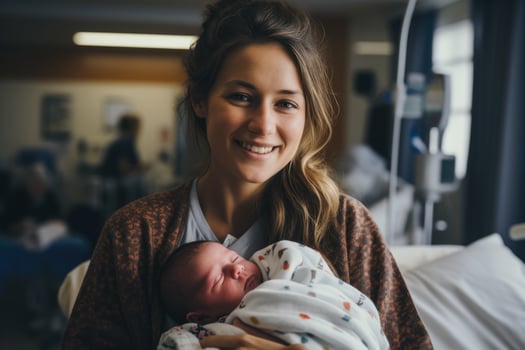 Newborn baby in hospital after just being born mother holding him and breastfeeding in hospital bed photo