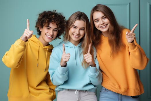 Portrait of teenagers showing thumb-up on color background. AI Generated photo