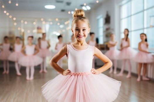 Girl wearing pink tutu skirt and having fun ballet class with girls on the background ballet class. AI Generated photo