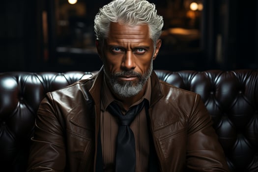 dark-skinned handsome guy with white hair and blue eyes standing on a dark background with a serious facial expression in brown clothes . AI Generated photo
