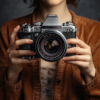 AI generative High quality photo of woman hand holding mirrorless camera