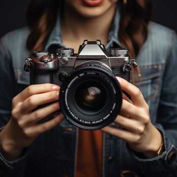 AI generative High quality photo of woman hand holding mirrorless camera