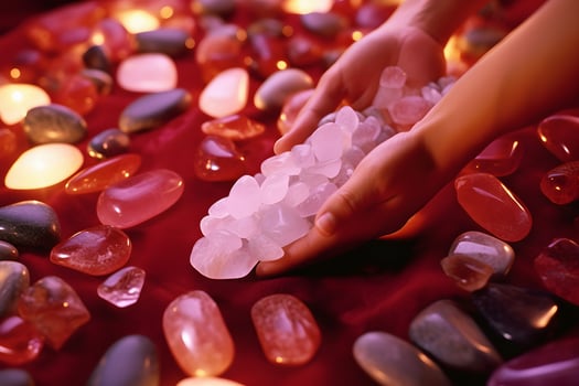 A close up of a young woman holding a bunch of crystals in her hands on a soft red background. Wellness and Spa industry concept, Generative AI illustration. photo